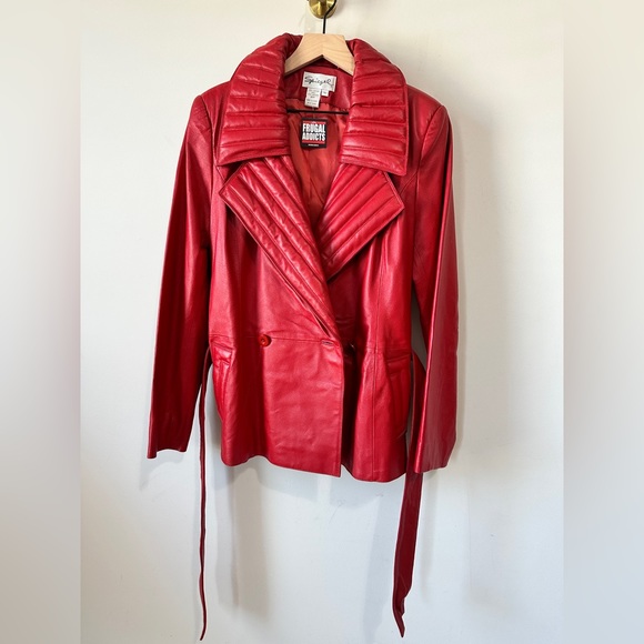 Vintage Red Genuine Leather Quilted Lapel Double Breasted Belted Waist Jacket 10 - Picture 8 of 11